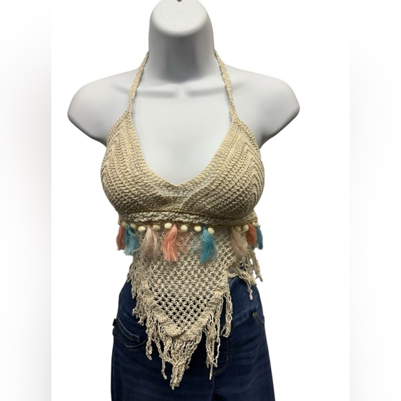 Tops - S/M. Boho Crochet Halter Top with Tassels.  LG/GRGR01